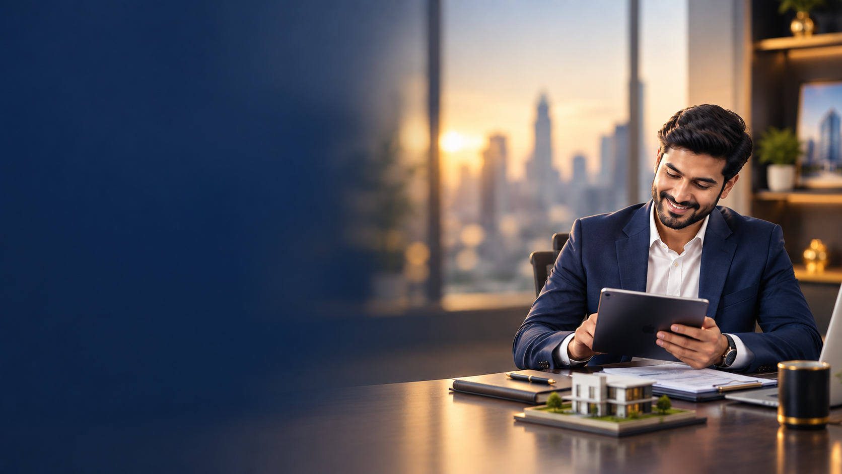 Real estate consultant reviewing partner inventory on a tablet